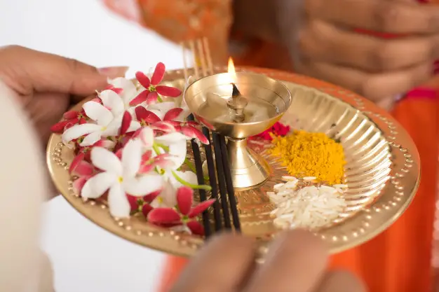 Beautiful Indian Young Girl Holding Pooja Thali